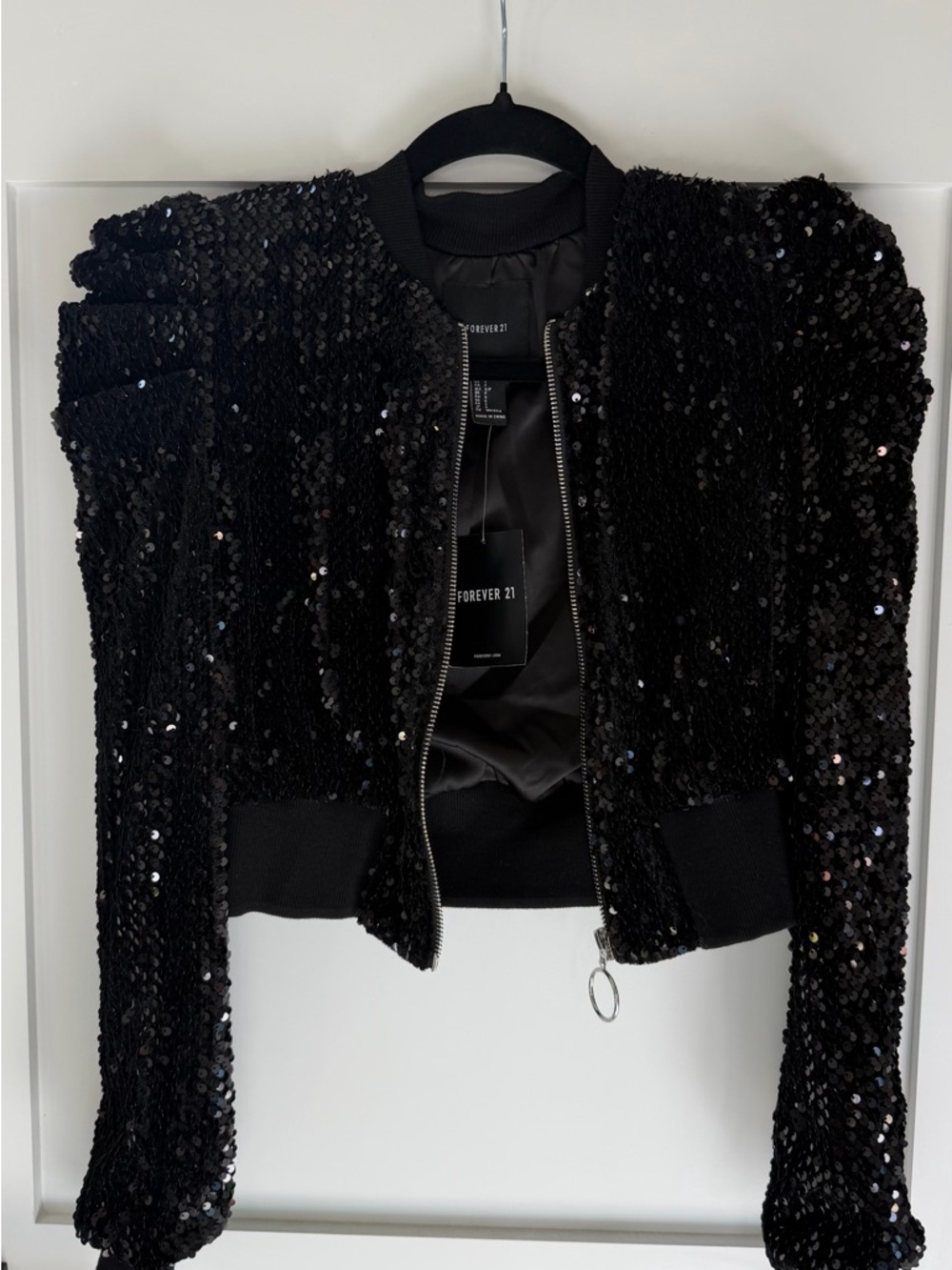 Forever 21 Black Sequin Bomber with Ribbed Trim